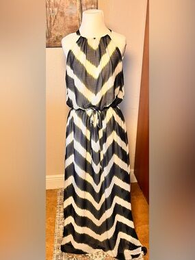 Vince Camuto Black, White & Yellow Chevron Halter Maxi Dress